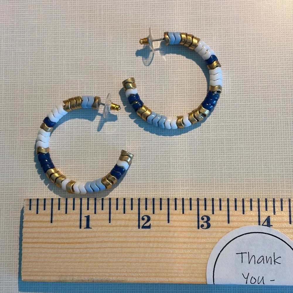 J.Crew Beaded Hoop Earrings Chevron Blue‎ White Gold Preppy Coastal Nautical